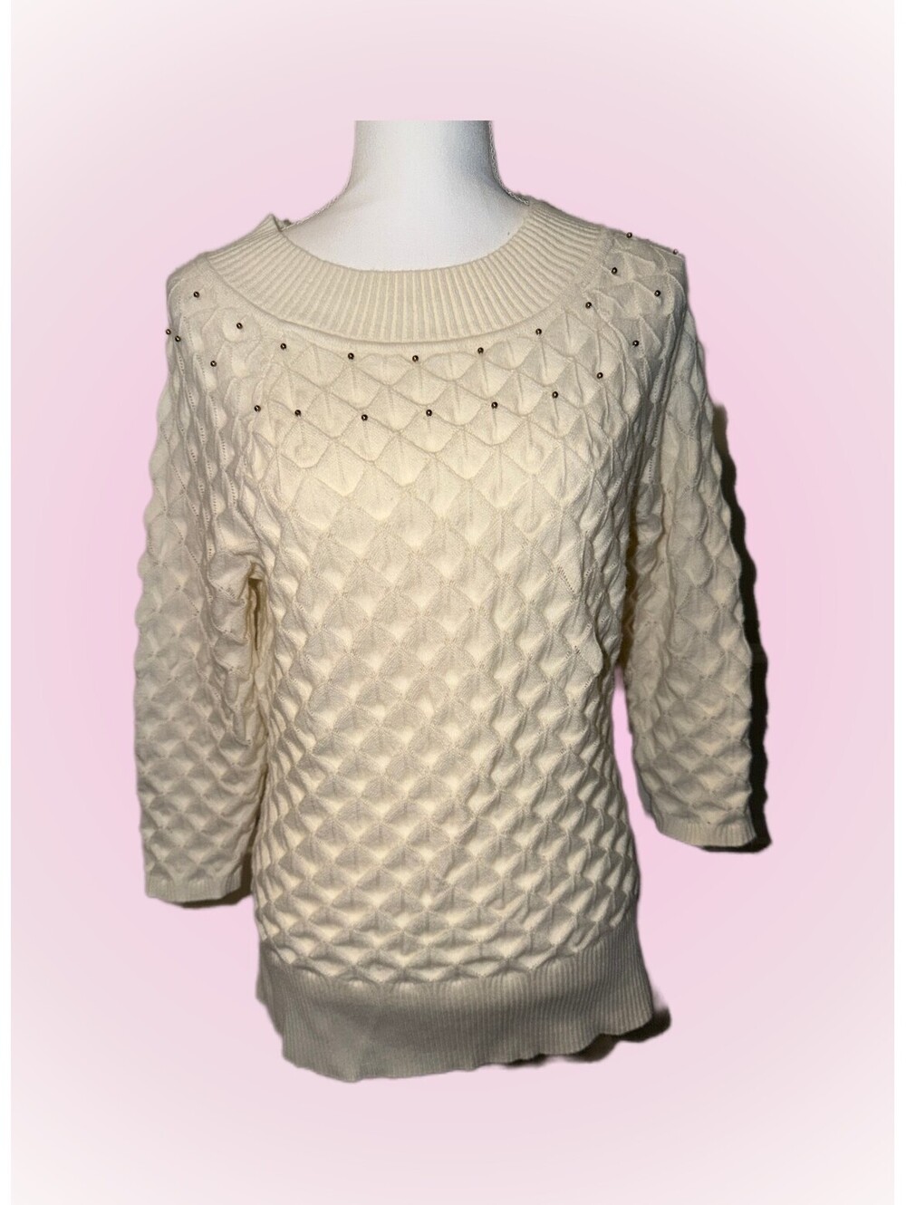 Womens Large Peck & Peck Cream Knit Pullover Sweater | Gold Beaded Design